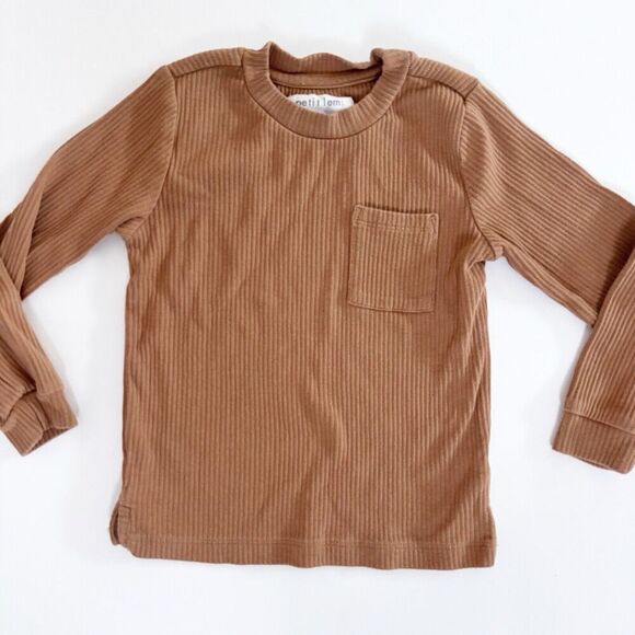 PETIT LEM Ribbed Gender Neutral Long Sleeve Ribbed Brown Shirt Size 3 - Picture 1 of 5
